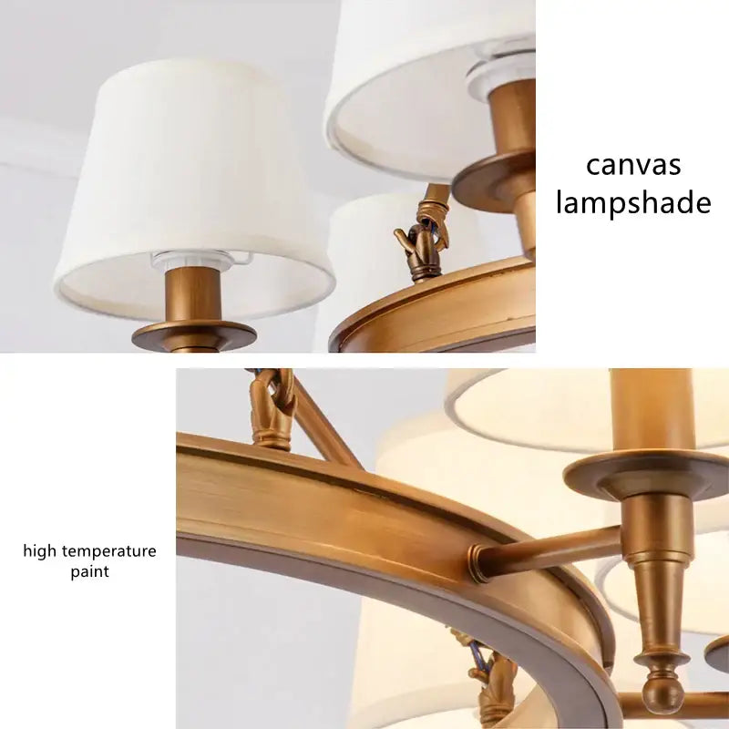 Antique brass-finished country retro chandelier pendant light with cream fabric lampshades for dining room decorbites