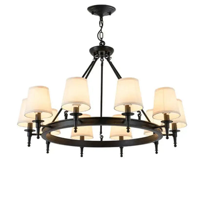 Black wrought iron country retro chandelier pendant light with cream fabric shades for dining room decorbites country retro