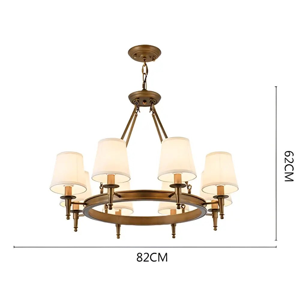 Antique brass country retro chandelier pendant light with six off-white fabric shades for dining room decorbites