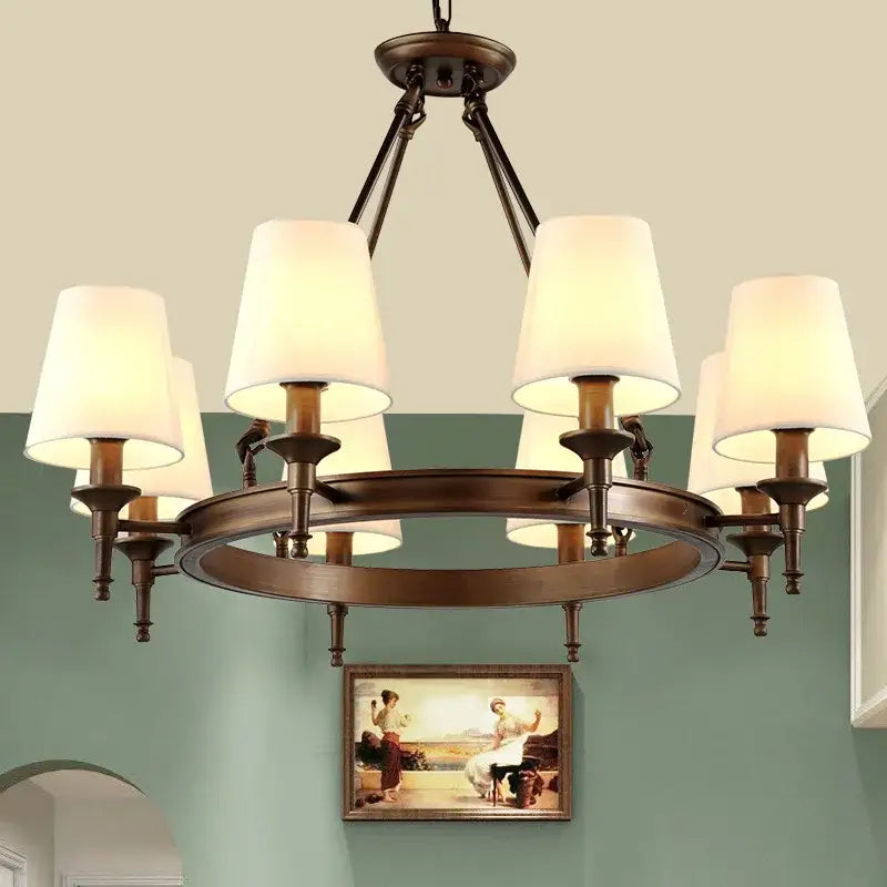 Antique bronze country retro chandelier pendant light with six cream fabric shades for dining room decorbites