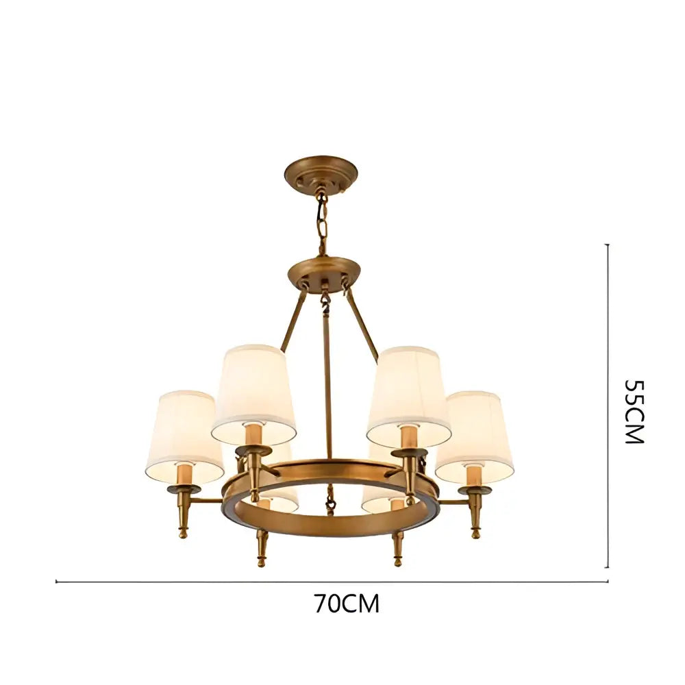 Antique brass country retro chandelier pendant light with six off-white fabric shades for dining room decorbites