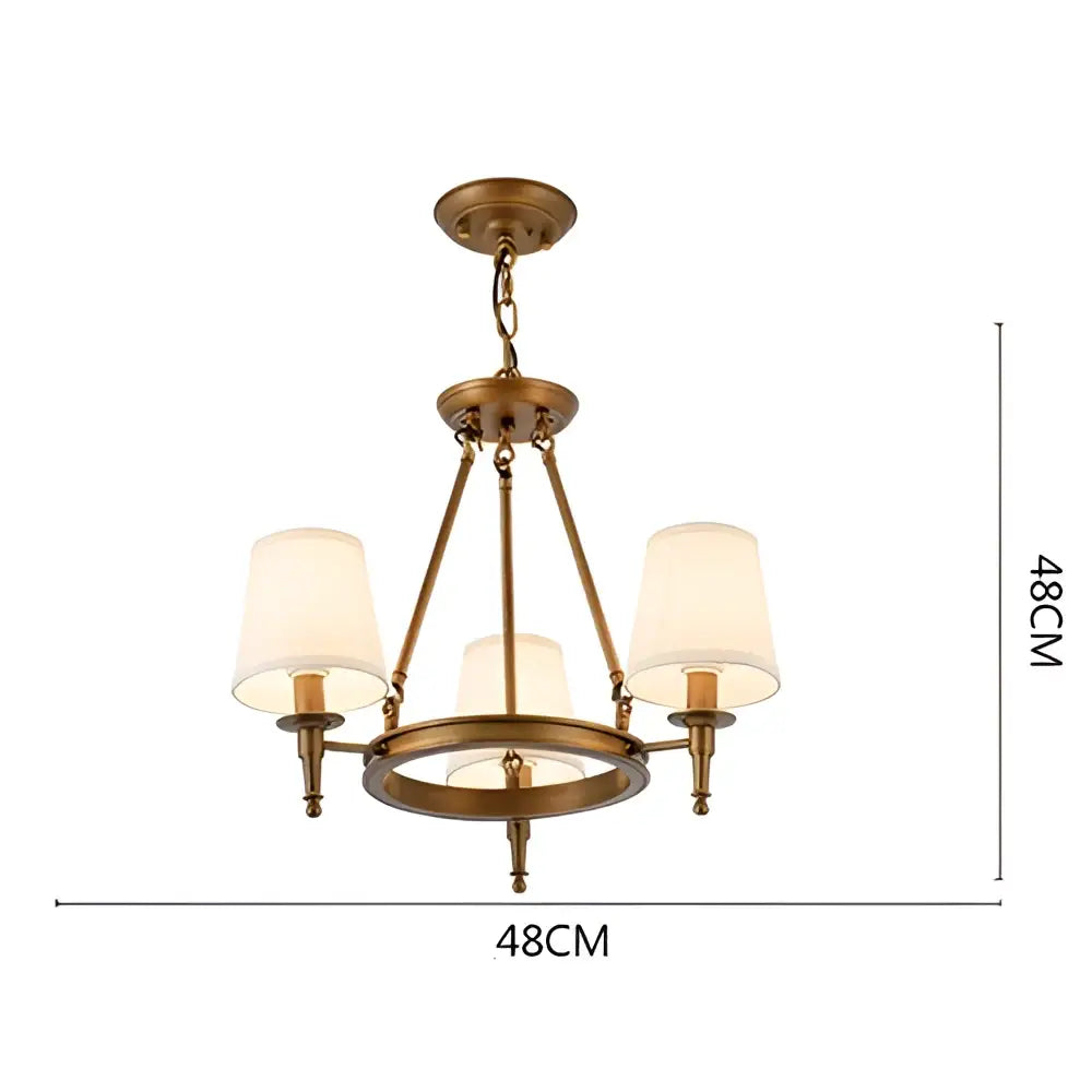 Antique brass country retro chandelier pendant light with three cream fabric shades and circular bronze frame for dining room decorbites