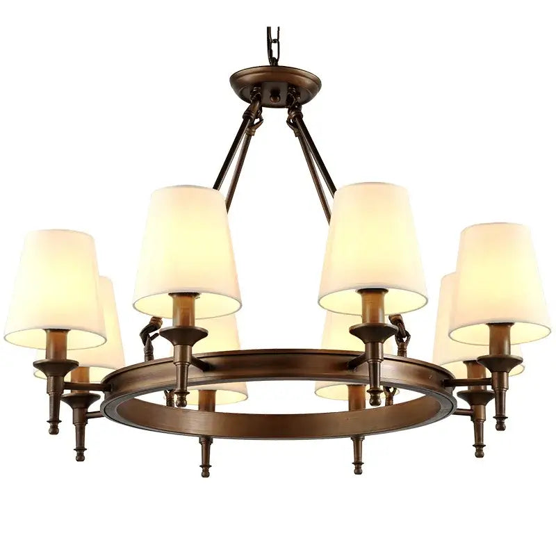Bronze pendant light with six warm-toned cylindrical fabric shades country retro chandelier by decorbites