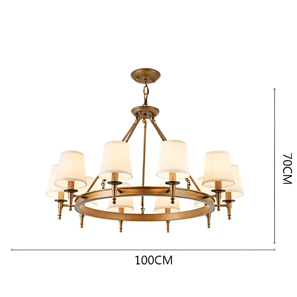 Brass country retro chandelier pendant light with eight cream fabric shades and circular design for dining room decorbites