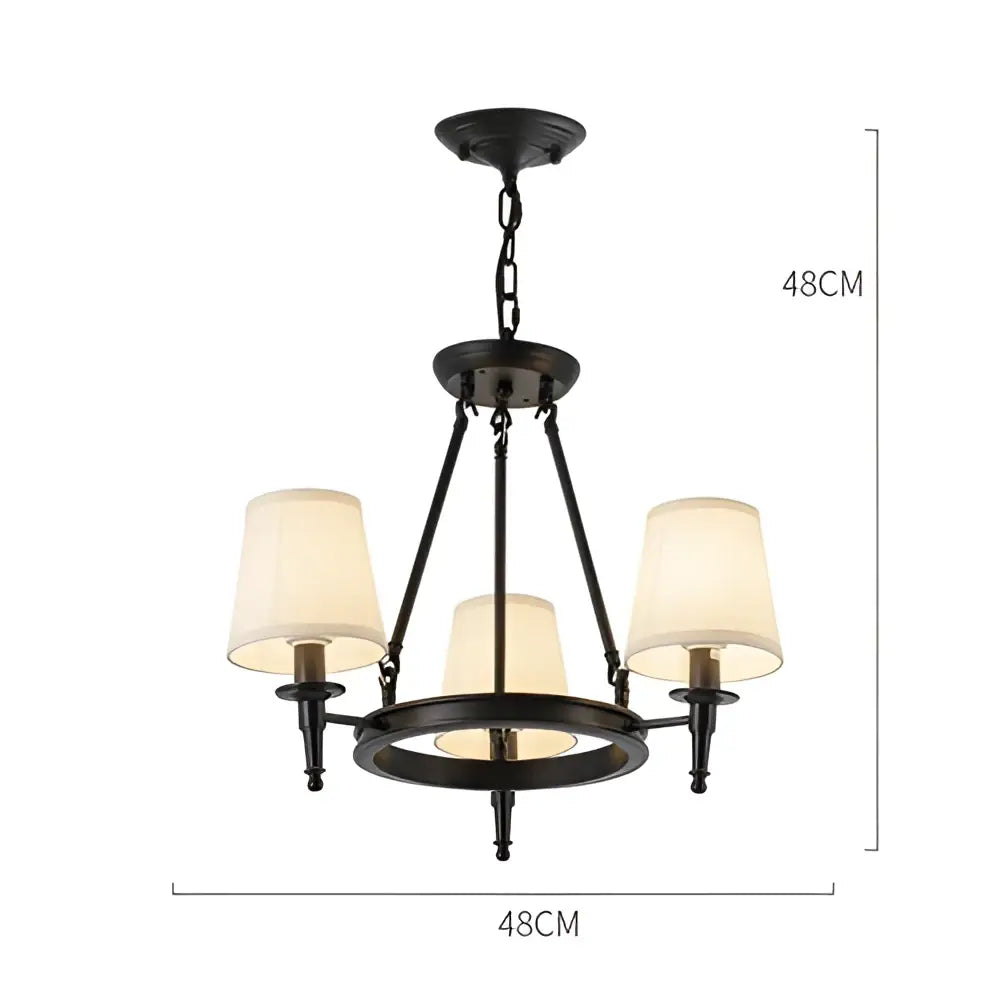 Black wrought iron country retro chandelier pendant light with three cream fabric shades for dining room decorbites