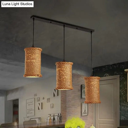 Country Rope Pendant Lamp with Adjustable Cord - Cylindrical Dining Room Ceiling Hanging Light, Beige with 3 Lights