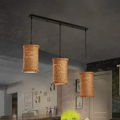 Country Rope Pendant Lamp with Adjustable Cord - Cylindrical Dining Room Ceiling Hanging Light, Beige with 3 Lights