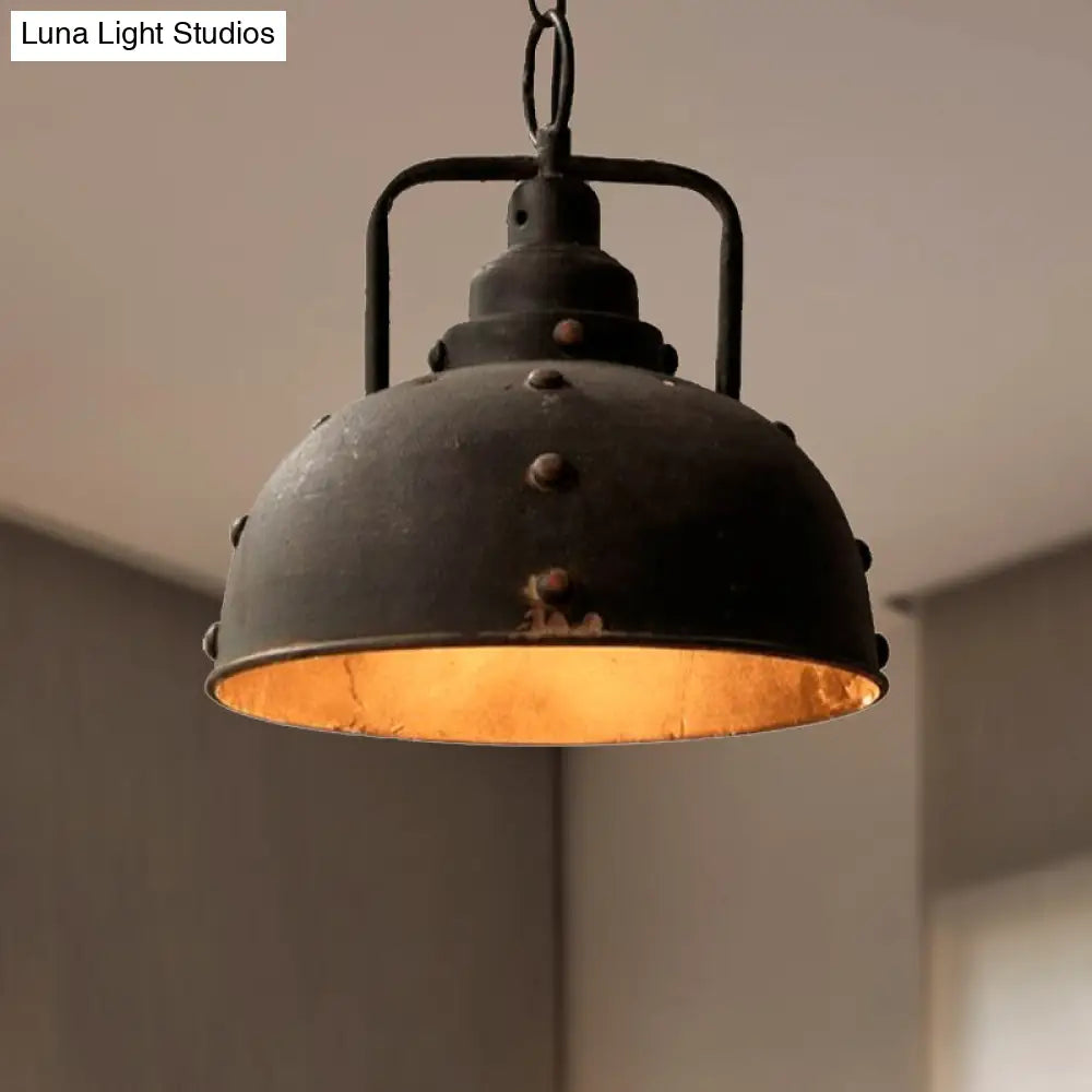 Country Rustic Style Antique Black Wrought Iron Pendant Light – 1-Light Dome Suspension