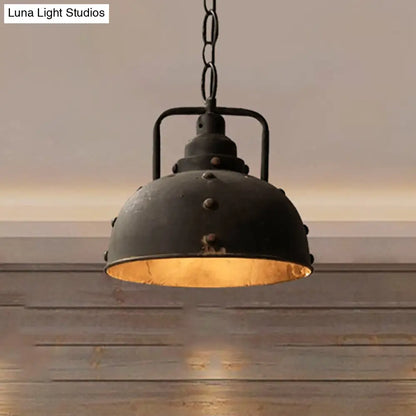 Country Rustic Style Antique Black Wrought Iron Pendant Light – 1-Light Dome Suspension