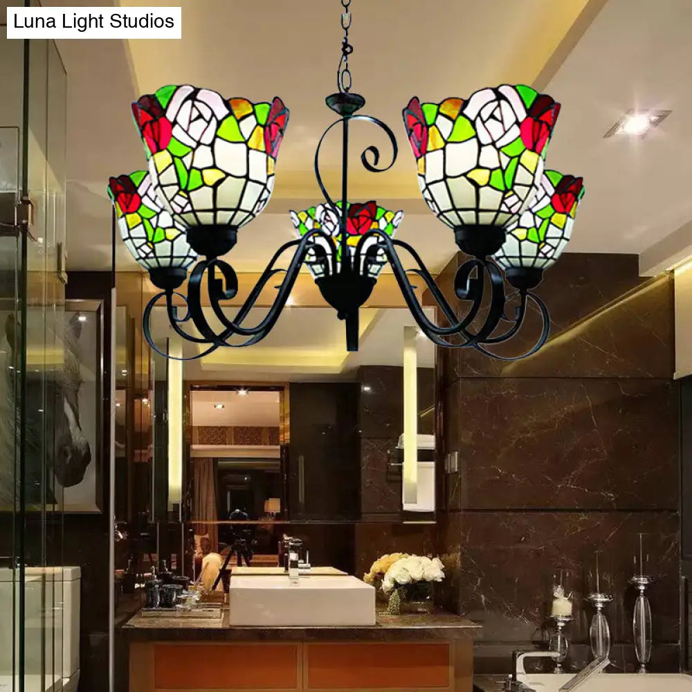 Country Stained Glass 5-Light Black Flower Chandelier for Restaurants