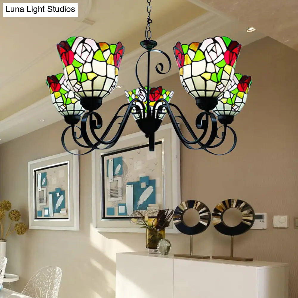 Country Stained Glass 5-Light Black Flower Chandelier for Restaurants