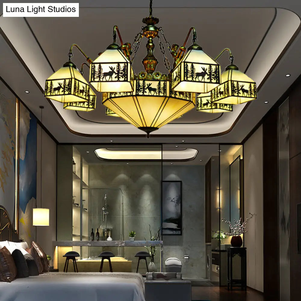 Country Stained Glass Inverted Chandelier with 9 Lights for Small Houses