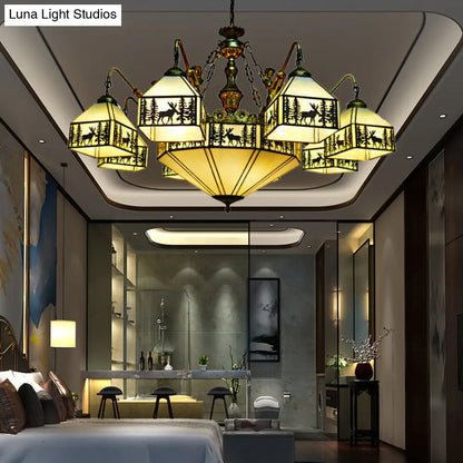 Country Stained Glass Inverted Chandelier with 9 Lights for Small Houses