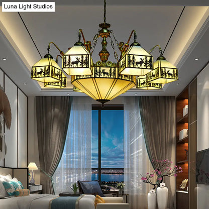 Country Stained Glass Inverted Chandelier with 9 Lights for Small Houses