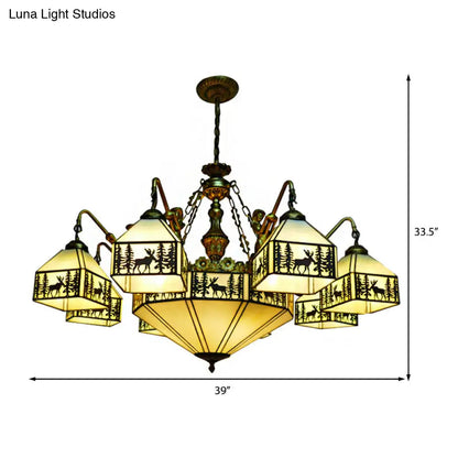 Country Stained Glass Inverted Chandelier with 9 Lights for Small Houses