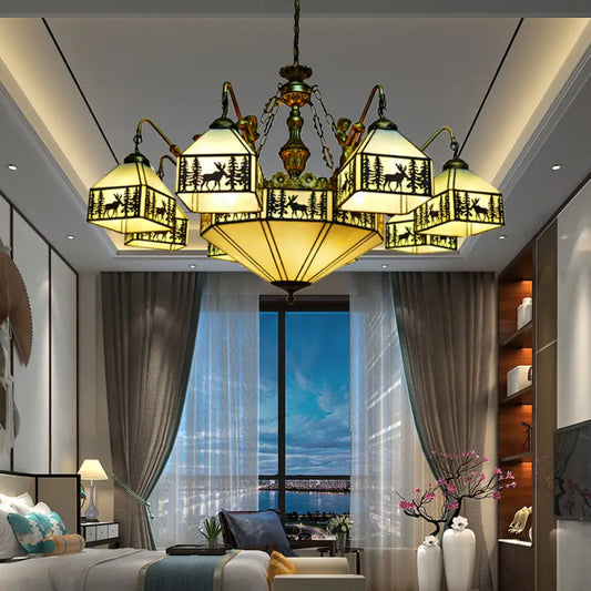 Country Stained Glass Inverted Chandelier with 9 Lights for Small Houses