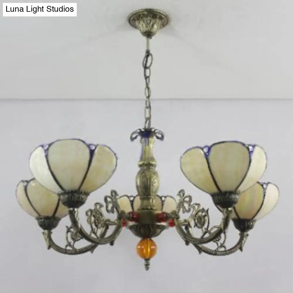 ثريا زجاجية ملونة على الطراز الريفي مع وعاء إضاءة بخمسة مصابيح لغرفة المعيشة