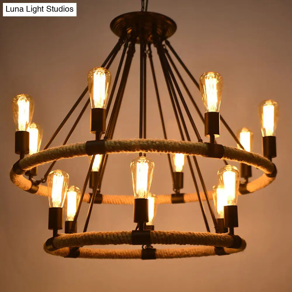 Country Style 14-Head Circular Roped Pendant Chandelier in Brown