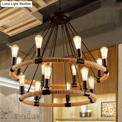 Country Style 14-Head Circular Roped Pendant Chandelier in Brown