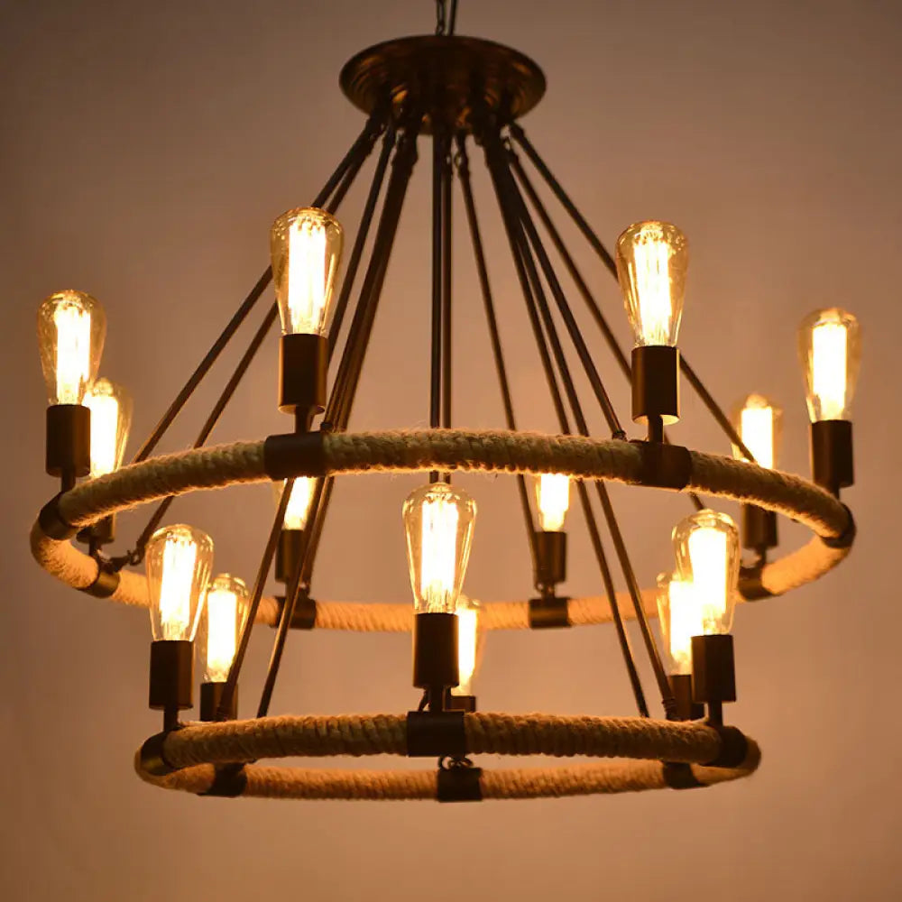 Country Style 14-Head Circular Roped Pendant Chandelier in Brown