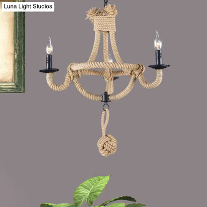 Country Style Black Metal Chandelier with 3 Candle Lights and Rope Detail