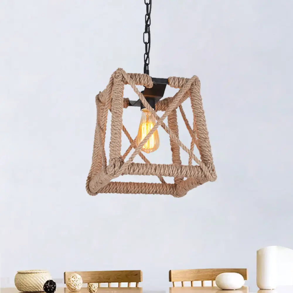 Country Style Black Metal Hanging Ceiling Light with Caged Bulb and Globe/Square Shade – Rope Pendant