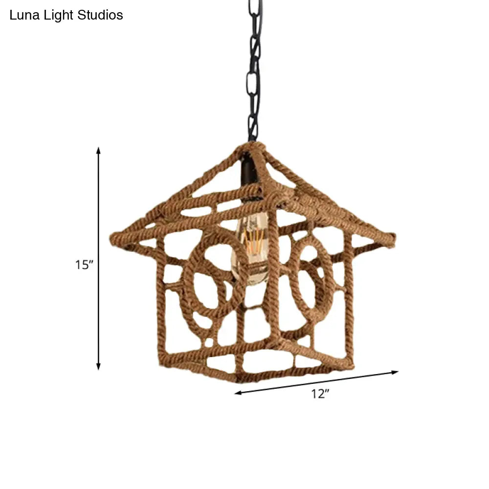 Country Style Black Metal Hanging Ceiling Light with Caged Bulb and Globe/Square Shade – Rope Pendant