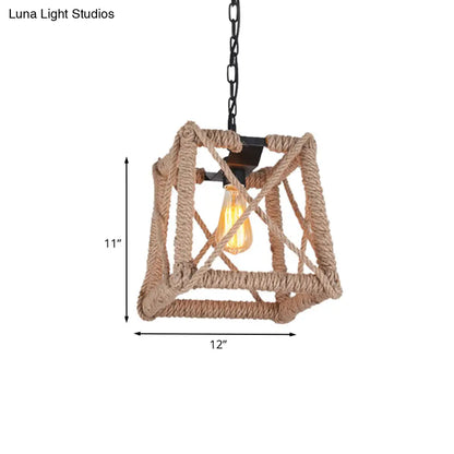 Country Style Black Metal Hanging Ceiling Light with Caged Bulb and Globe/Square Shade – Rope Pendant