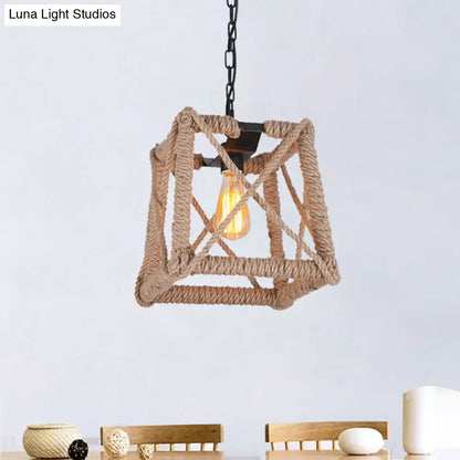 Country Style Black Metal Hanging Ceiling Light with Caged Bulb and Globe/Square Shade – Rope Pendant