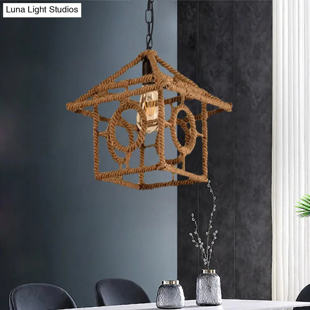 Country Style Black Metal Hanging Ceiling Light with Caged Bulb and Globe/Square Shade – Rope Pendant