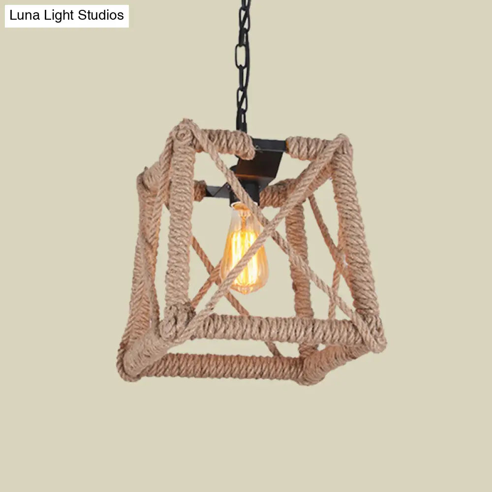 Country Style Black Metal Hanging Ceiling Light with Caged Bulb and Globe/Square Shade – Rope Pendant