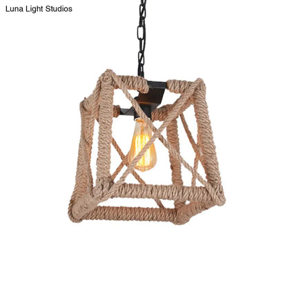 Country Style Black Metal Hanging Ceiling Light with Caged Bulb and Globe/Square Shade – Rope Pendant