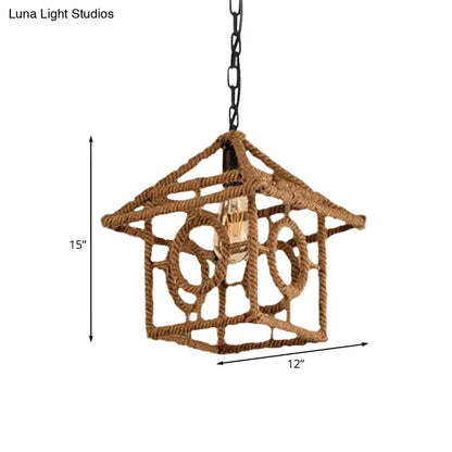 Country Style Black Metal Hanging Ceiling Light with Caged Bulb and Globe/Square Shade – Rope Pendant