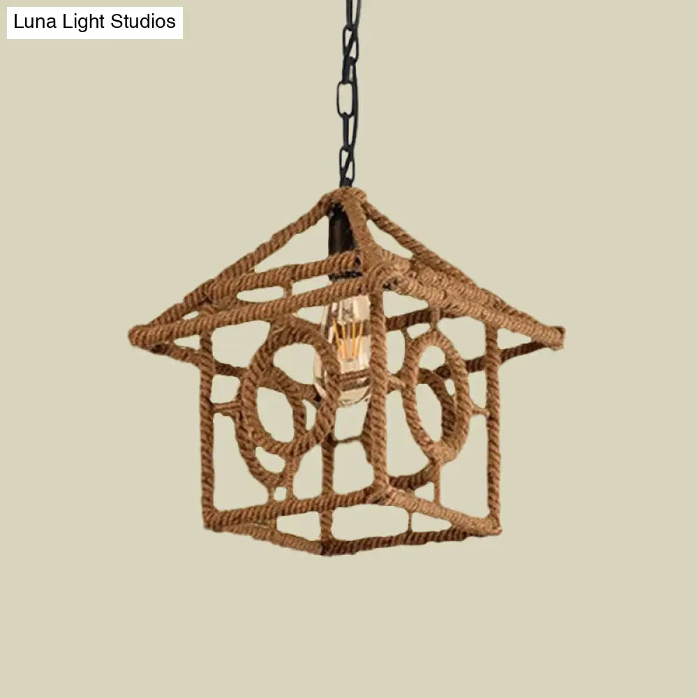 Country Style Black Metal Hanging Ceiling Light with Caged Bulb and Globe/Square Shade – Rope Pendant