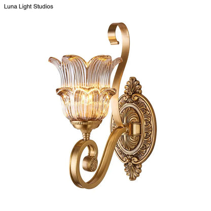 Country-style Brass Wall Sconce with Crystal Glass Flower Accent and Swooping Arm - 1/2 Bulb Brass Wall Light Fixture
