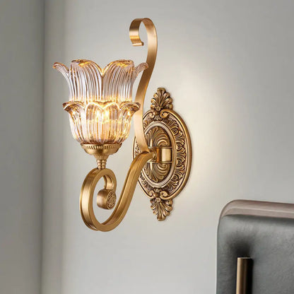 Country-style Brass Wall Sconce with Crystal Glass Flower Accent and Swooping Arm - 1/2 Bulb Brass Wall Light Fixture