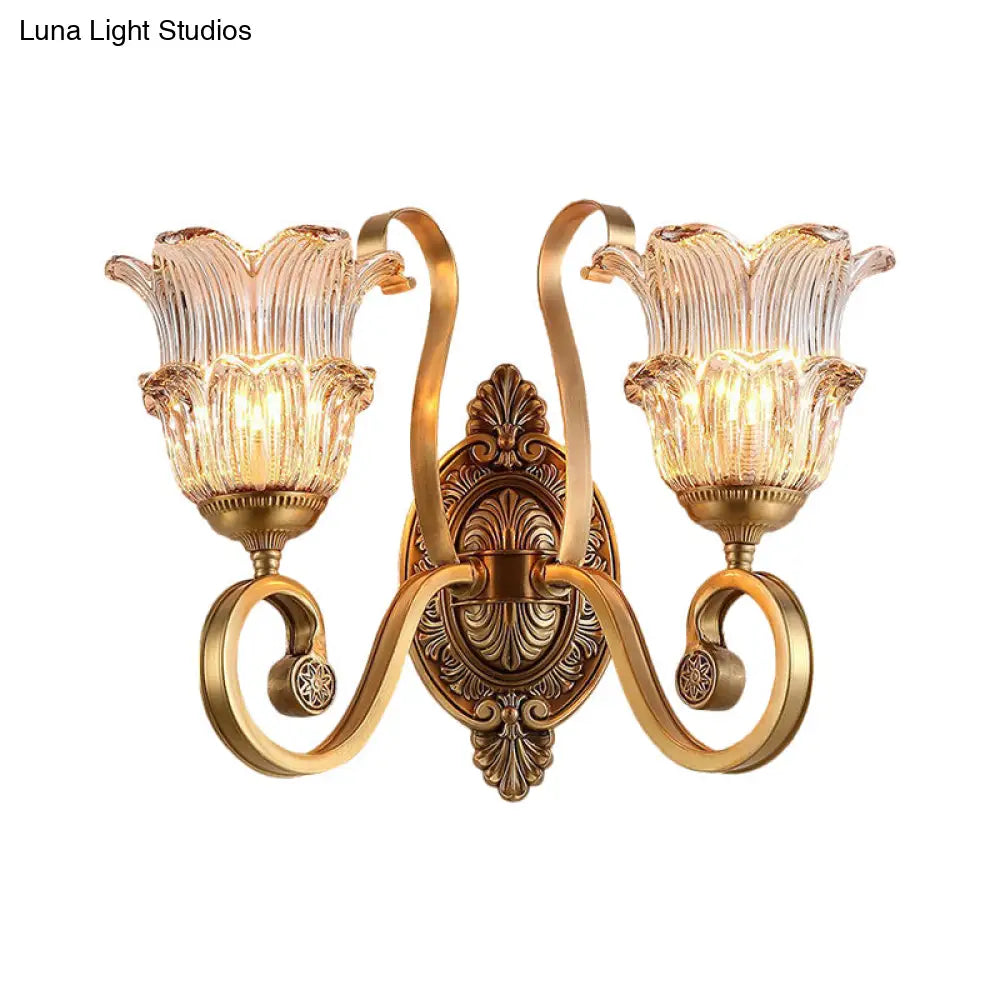 Country-style Brass Wall Sconce with Crystal Glass Flower Accent and Swooping Arm - 1/2 Bulb Brass Wall Light Fixture