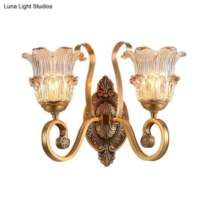 Country-style Brass Wall Sconce with Crystal Glass Flower Accent and Swooping Arm - 1/2 Bulb Brass Wall Light Fixture