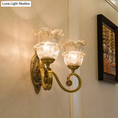 Country-style Brass Wall Sconce with Crystal Glass Flower Accent and Swooping Arm - 1/2 Bulb Brass Wall Light Fixture