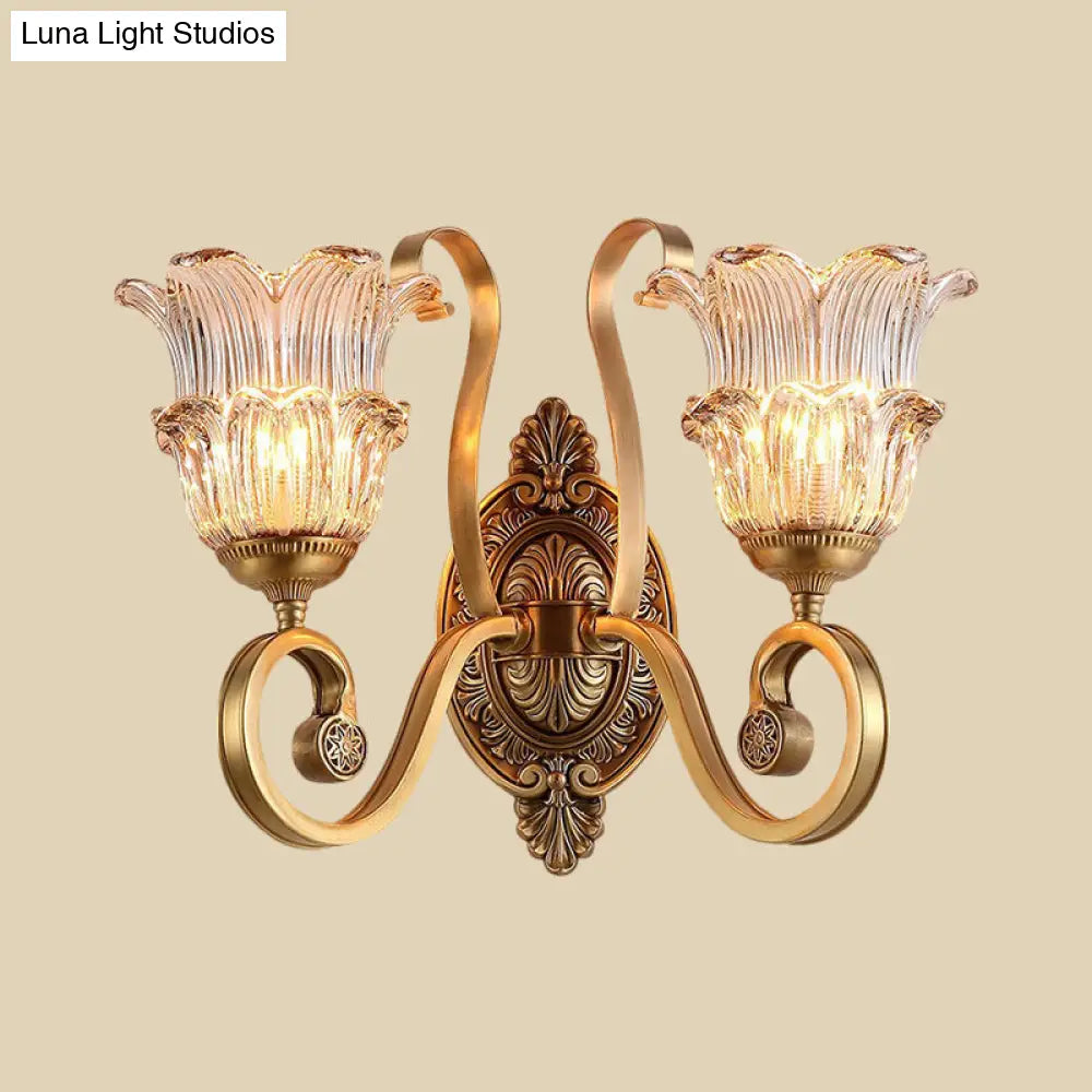 Country-style Brass Wall Sconce with Crystal Glass Flower Accent and Swooping Arm - 1/2 Bulb Brass Wall Light Fixture
