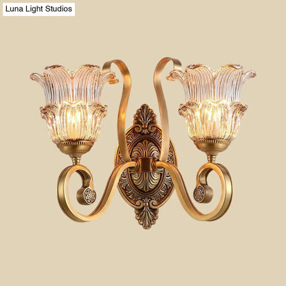 Country-style Brass Wall Sconce with Crystal Glass Flower Accent and Swooping Arm - 1/2 Bulb Brass Wall Light Fixture