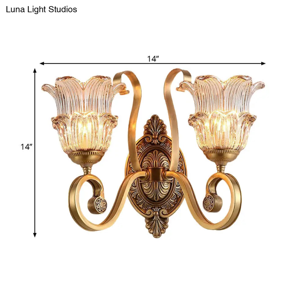 Country-style Brass Wall Sconce with Crystal Glass Flower Accent and Swooping Arm - 1/2 Bulb Brass Wall Light Fixture