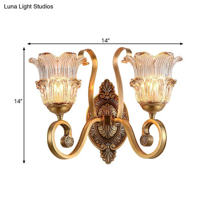 Country-style Brass Wall Sconce with Crystal Glass Flower Accent and Swooping Arm - 1/2 Bulb Brass Wall Light Fixture