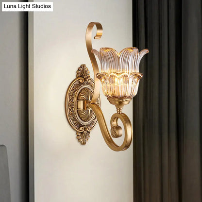 Country-style Brass Wall Sconce with Crystal Glass Flower Accent and Swooping Arm - 1/2 Bulb Brass Wall Light Fixture