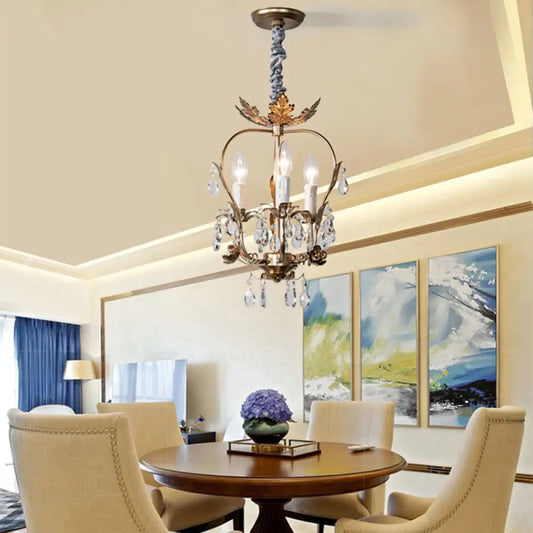 Lámpara de araña rústica estilo campestre - Lámpara colgante de hierro de 3 luces con decoración de cristal y hojas en color óxido oscuro