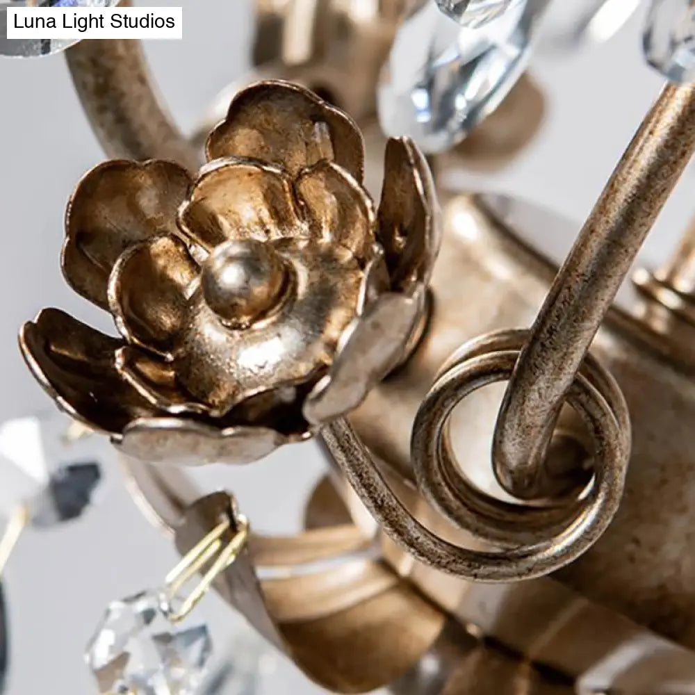 Lámpara de araña rústica estilo campestre - Lámpara colgante de hierro de 3 luces con decoración de cristal y hojas en color óxido oscuro