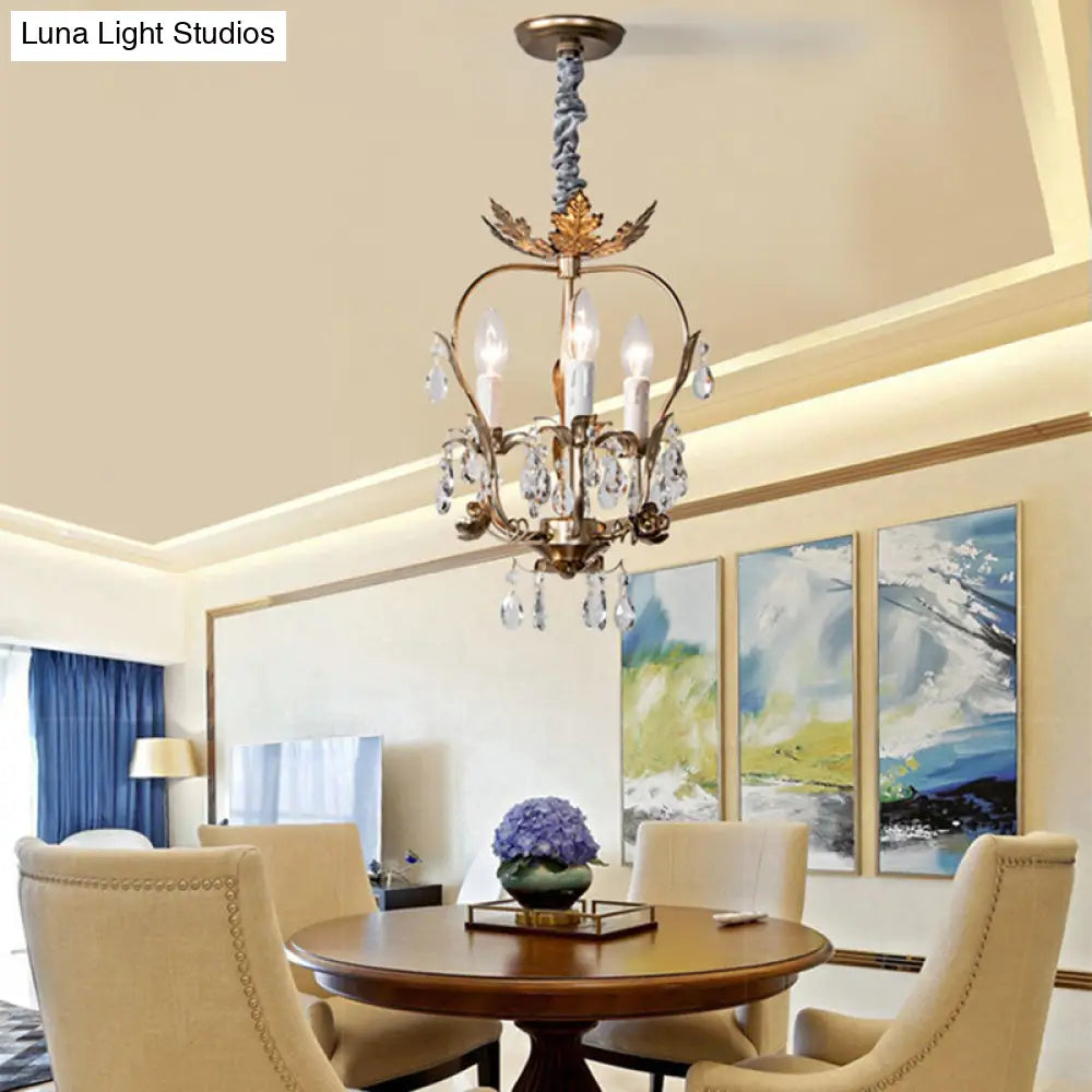 Lámpara de araña rústica estilo campestre - Lámpara colgante de hierro de 3 luces con decoración de cristal y hojas en color óxido oscuro