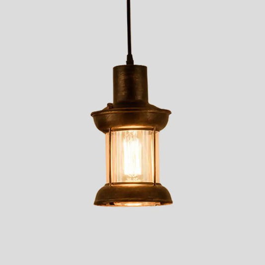 Country Style Clear Glass Lantern Pendant Light with Pendulum | Bronze Finish | 1-Bulb Fixture