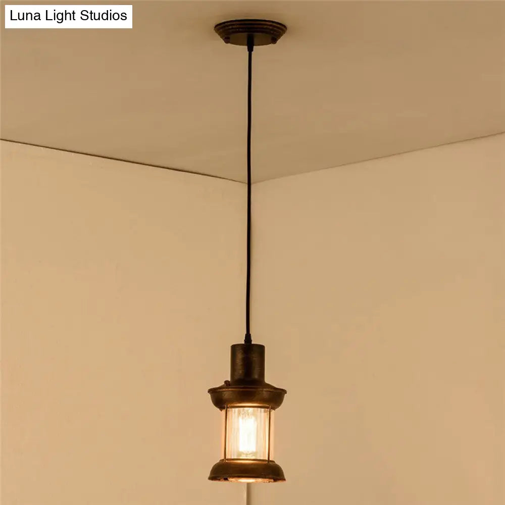 Country Style Clear Glass Lantern Pendant Light with Pendulum | Bronze Finish | 1-Bulb Fixture