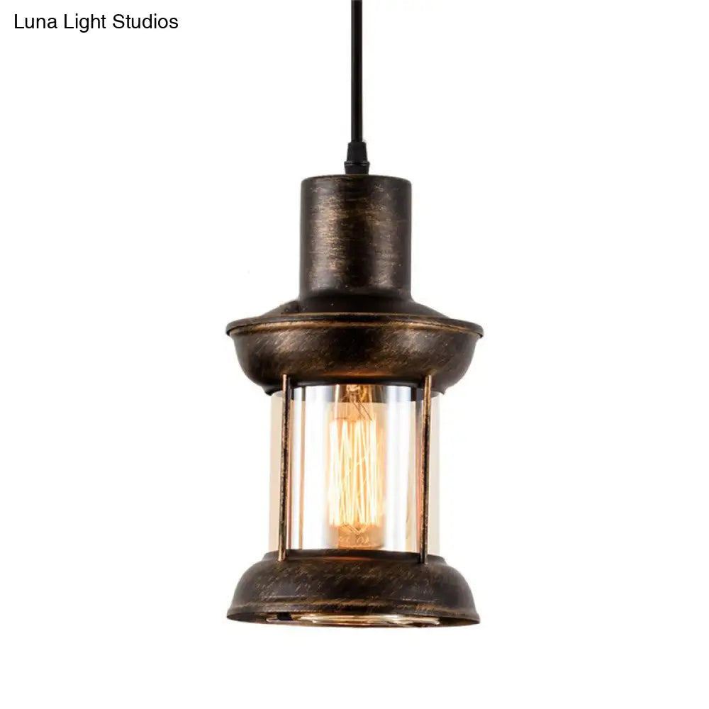 Country Style Clear Glass Lantern Pendant Light with Pendulum | Bronze Finish | 1-Bulb Fixture